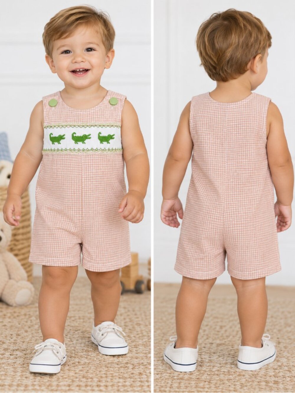 Southern Tots Boys 18M Alligator Smocked Gingham Romper Preppy Heirloom Gator